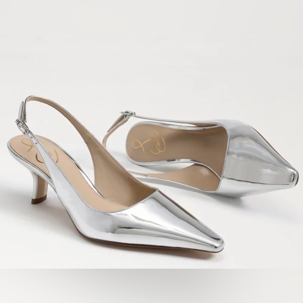 Sam Edelman Silver Patent Slingback Pointed Toe Kitten Heels